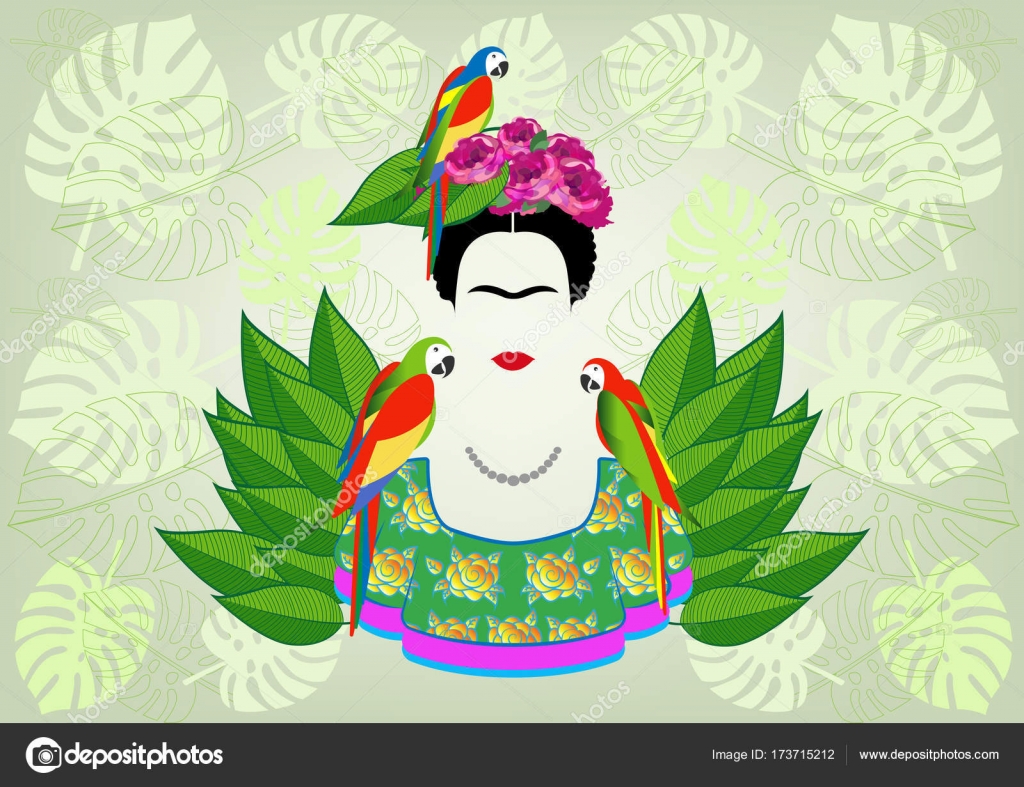 Frida Kahlo interpretação gráfica com papagaios, vetor isolado ou