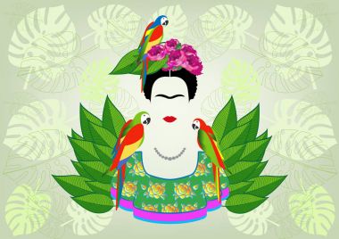 Papağan, Frida Kahlo grafik yorumlama vektör izole veya egzotik çiçek yeşil arka plan