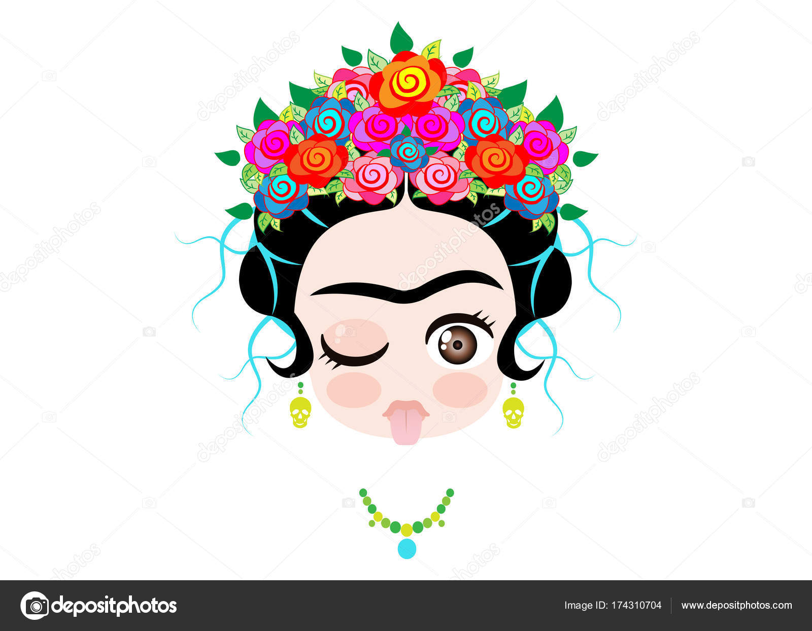 Download Emoji baby Frida Kahlo to the tongue out with crown and of colorful flowers, vector isolated ...