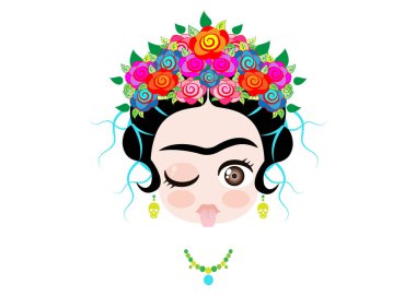 Emoji bebek tacı olan ve renkli çiçek, izole vektör dilini çıkarmış Frida Kahlo 