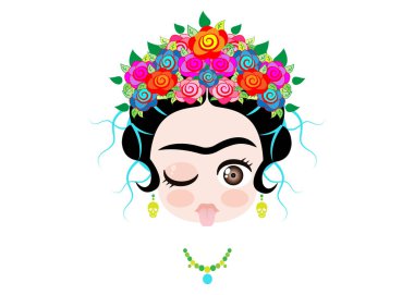 Emoji bebek tacı olan ve renkli çiçek, izole vektör dilini çıkarmış Frida Kahlo 