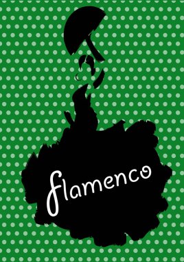 Flamenko dansçısı, siluet uzun elbiseli güzel İspanyolca kadın ile fan, izole vektör veya yeşil arka plan