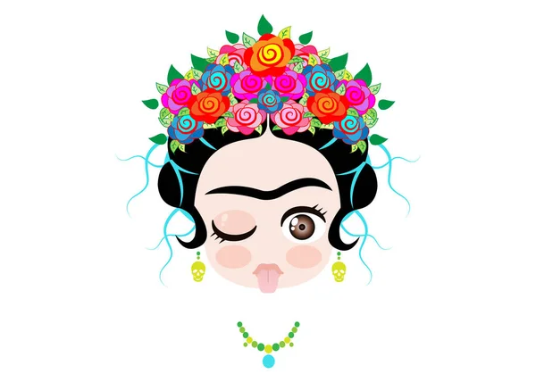 Emoji baby Frida Kahlo to the tongue out  with crown and of colorful flowers, vector isolated — Stock Vector