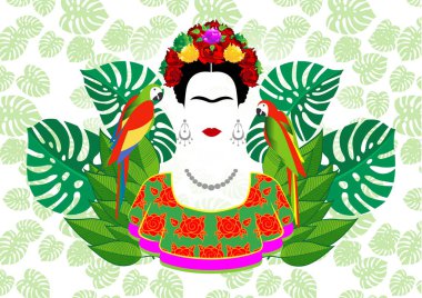 Frida Kahlo vektör portre, grafik yorumlama papağan ve egzotik yeşil arka planda çiçek