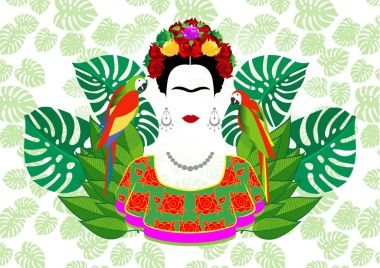 Frida Kahlo vector portrait, graphic interpretation with parrots and  exotic floral in the green background clipart