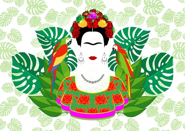 Frida Kahlo vector portrait, graphic interpretation with parrots and  exotic floral in the green background — Stock Vector