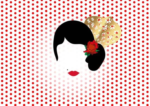 Vector Portrait of traditional Latin or Spanish woman dancer , Lady with gold accessories peineta and red flower , Icon isolated or red polka dot background — Stock Vector