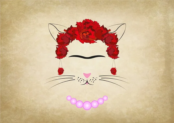 Μεξικάνικη Φρίντα γάτα με ροζ μαργαριτάρι κολιέ, παλιά φόντο grunge — Διανυσματικό Αρχείο