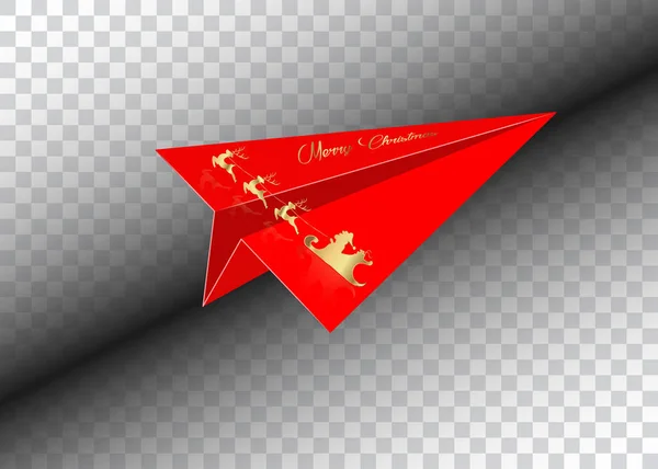 Red Paper airplane, Merry Christmas, golden Santa Claus with a reindeer flying, vector isolated — Stock Vector