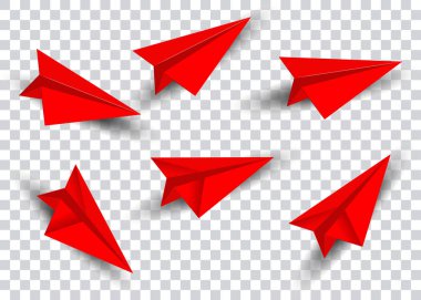 Kağıt Uçak vektör izole kırmızı düz stil ayarlayın. Origami uçak koleksiyonu. El yapımı kağıt uçak ve çocuk kağıt uçak.