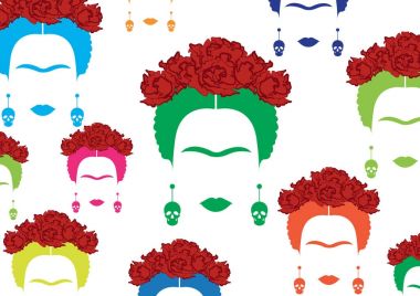 Frida Kahlo vektör portre, arka plan çok renkli Meksika ya da İspanyol kadın küpe kafatasları ile