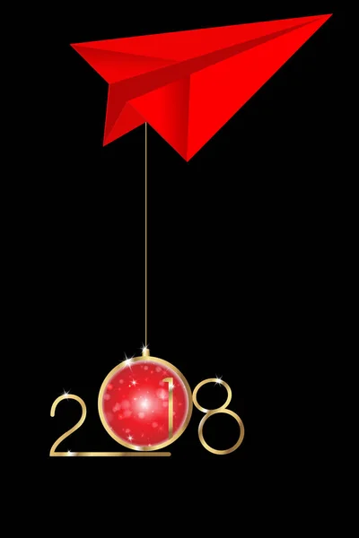 2018 Feliz Ano Novo com textura dourada com bola de Natal vermelho e plano de papel vermelho voando, vetor isolado ou fundo preto, elementos para calendário e cartões de felicitações ou convites temáticos de Natal — Vetor de Stock