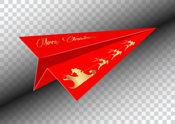 Rött papper flygplan, god jul, gyllene jultomten med en ren flyger, vektor isolerade — Stock vektor