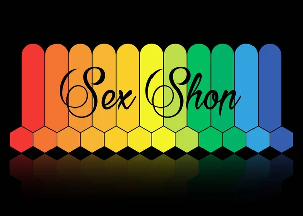 Logotipo colorido da loja de sexo e modelo de design de crachá. Etiqueta sexy. Vetor isolado ou fundo preto. Símbolo de loja adulto, ícone — Vetor de Stock