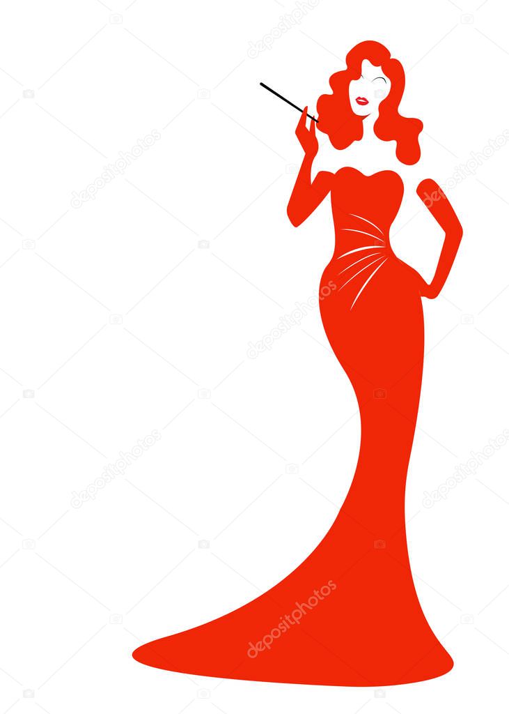 Diva Hollywood silhouette, Beautiful retro fashion red woman, vector isolated
