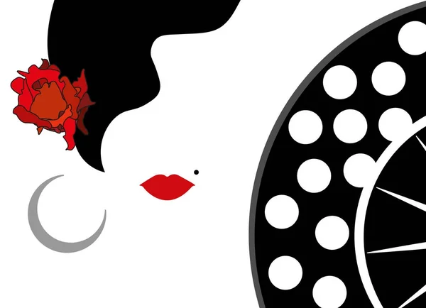 伝統的なラテン語やスペイン語の女性ダンサー、付属ファンと赤いバラを折る女性のベクトルの肖像アイコン髪スタイル ベクトル分離 — ストックベクタ