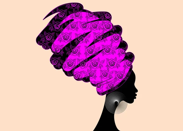 Πορτρέτο όμορφη αφρικανική γυναίκα στον παραδοσιακό σαρίκι, περιτύλιγμα κεφάλι ΚΕΝΤΕ Αφρικής, παραδοσιακά dashiki εκτύπωσης, μαύρες γυναίκες διάνυσμα σιλουέτα που απομονώνονται με παραδοσιακό σκουλαρίκια, χτένισμα έννοια — Διανυσματικό Αρχείο