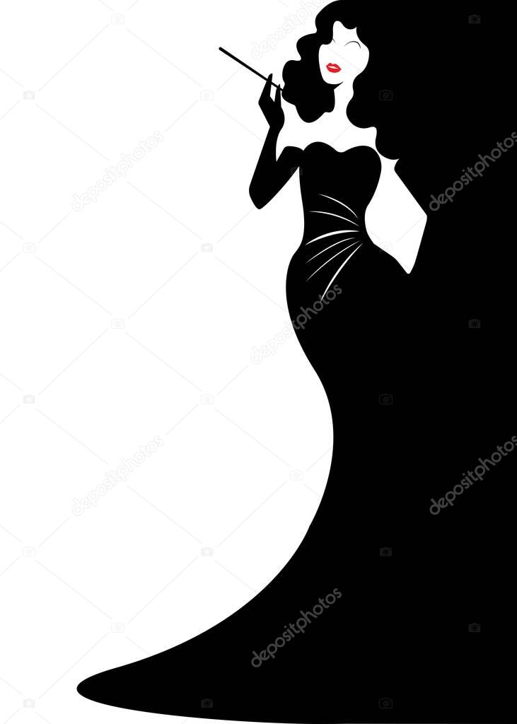 Diva Hollywood silhouette, Beautiful retro fashion woman, vector isolated