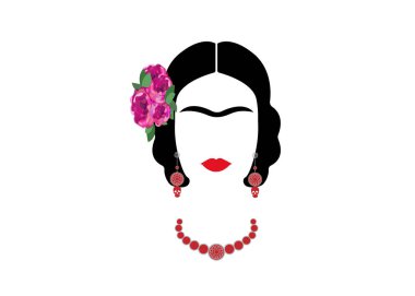 Frida Kahlo vektör portre, Meksika etnik takı, izole veya beyaz arka plan ile grafik yorumlama