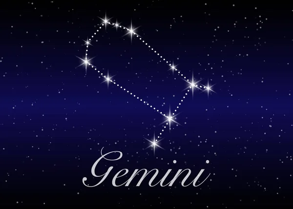 Die Sternbilder der Geminiden zeichnen sich durch einen schönen Sternenhimmel mit Galaxie und Weltraum im Hintergrund aus. Gemini-Horoskop-Symbolkonstellation auf tiefem Kosmos-Hintergrund. — Stockvektor