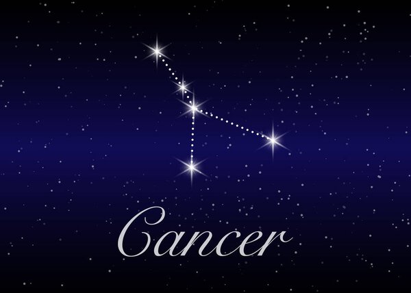 Cancer zodiac constellations sign on beautiful starry sky with galaxy and space behind. Cancer horoscope symbol constellation on deep cosmos background.