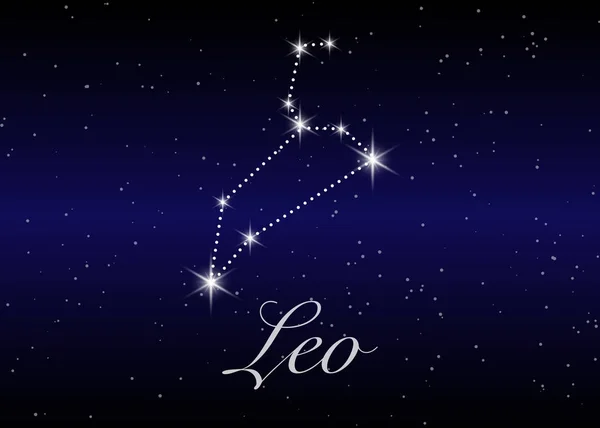Leo zodiac constellations sign on beautiful starry sky with galaxy and space behind. Lion horoscope symbol constellation on deep cosmos background. — Stock Vector