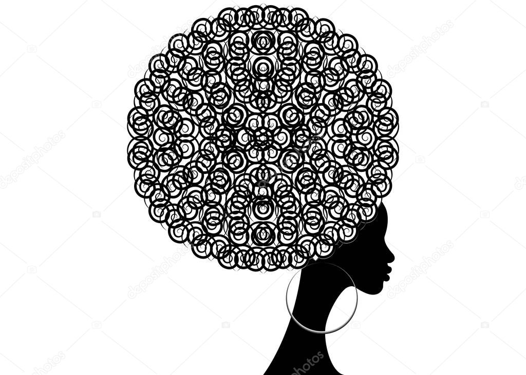 portrait African Women , dark skin female face with hair afro and ethnic traditional earrings on vector isolated , hair style concept 