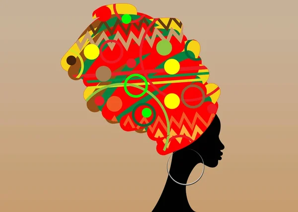 Портрет красивая африканская женщина в традиционном тюрбане, Кенте голова обернуть африканский, традиционная печать дашики, черные женщины векторный силуэт изолирован с традиционными серьгами, прическа концепции — стоковый вектор