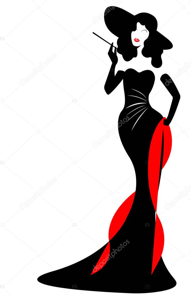 Shop logo fashion woman, black silhouette diva with hat in evening dress. Company logo design, Beautiful cover girl retro , vector isolated