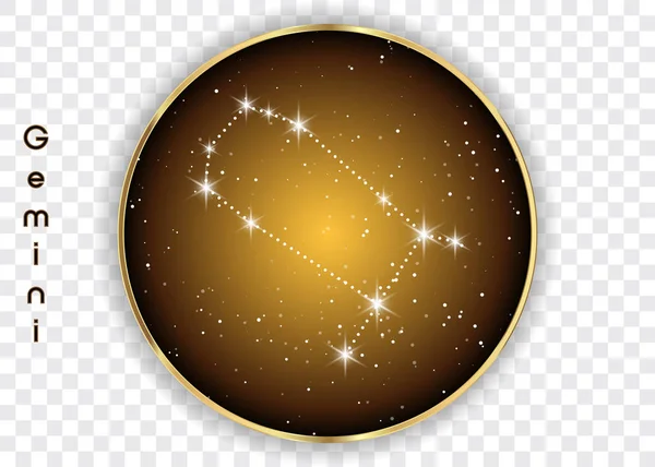 Les constellations du zodiaque Gémeaux signent sur un beau ciel étoilé avec galaxie et espace derrière. Gémeaux horoscope constellation de symboles sur fond cosmique profond. Vecteur isolé — Image vectorielle