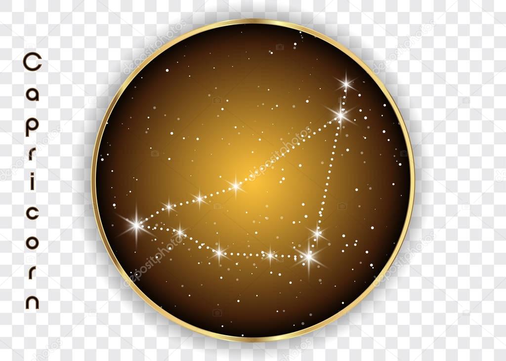 Capricorn zodiac constellations sign on beautiful starry sky with galaxy and space behind. Goat horoscope symbol constellation on deep cosmos background. vector isolated