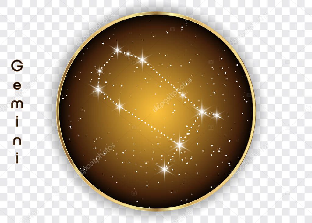 Gemini zodiac constellations sign on beautiful starry sky with galaxy and space behind. Gemini horoscope symbol constellation on deep cosmos background. Vector isolated