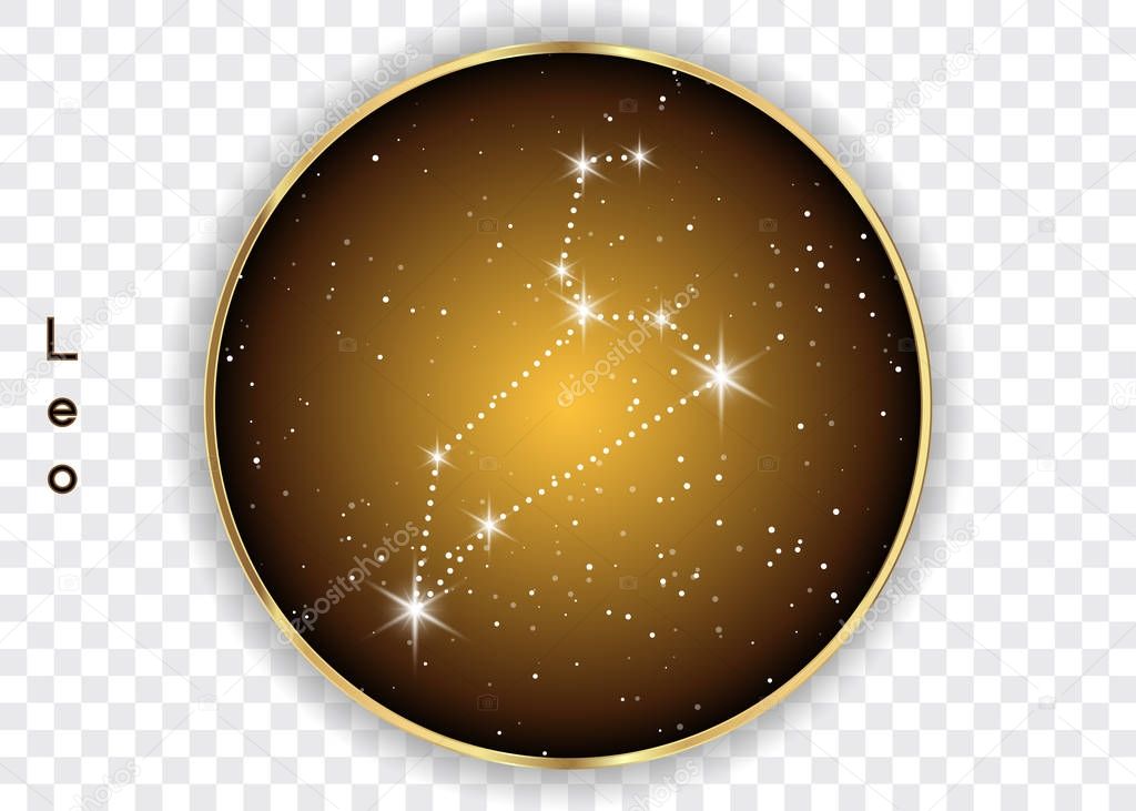 Leo zodiac constellations sign on beautiful starry sky with galaxy and space behind. Lion horoscope symbol constellation on deep cosmos background. Vector isolated