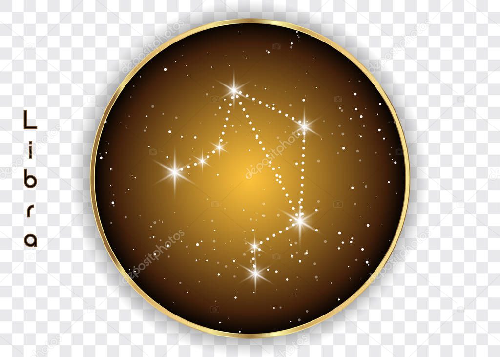 Libra zodiac constellations sign on beautiful starry sky with galaxy and space behind. Balance horoscope symbol constellation on deep cosmos background. vector isolated