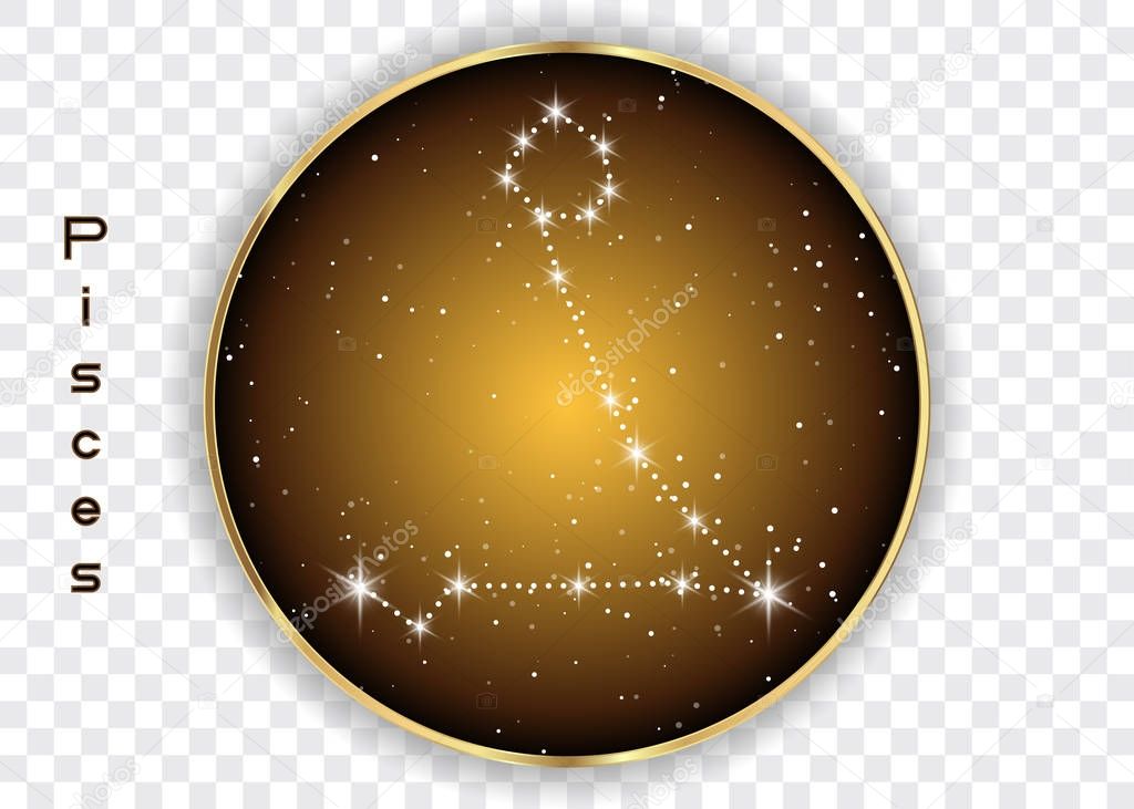 Pisces zodiac constellations sign on beautiful starry sky with galaxy and space behind. Fish sign horoscope symbol constellation on deep cosmos background. vector isolated