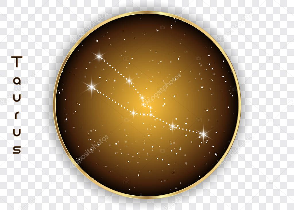 Taurus zodiac constellations sign on beautiful starry sky with galaxy and space behind. Taurus horoscope symbol constellation on deep cosmos background. Vector isolated