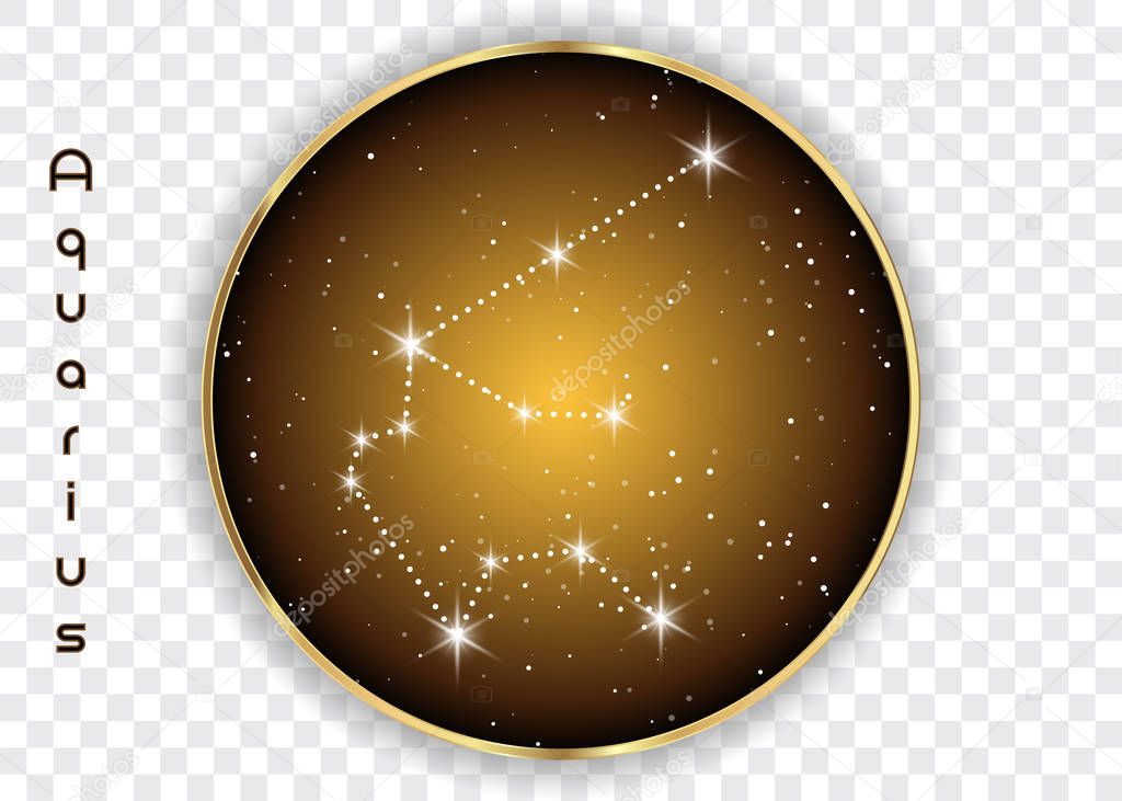 Aquarius zodiac constellations sign on beautiful starry sky with galaxy and space behind. Aquarium horoscope symbol constellation on deep cosmos background. vector isolated