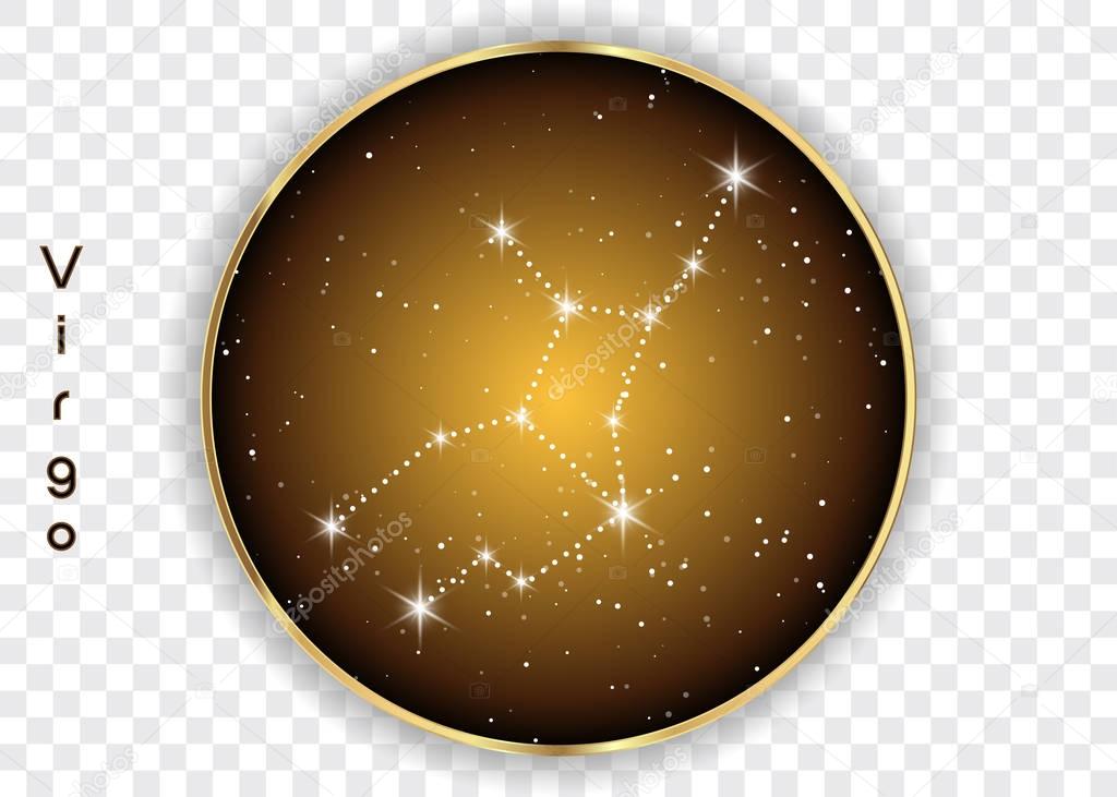 Virgo zodiac constellations sign on beautiful starry sky with galaxy and space behind. Virgin horoscope symbol constellation on deep cosmos background. Vector isolated
