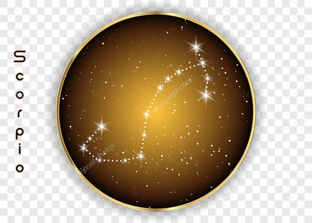Scorpio zodiac constellations sign on beautiful starry sky with galaxy and space behind. Scorpio horoscope symbol constellation on deep cosmos background. vector isolated