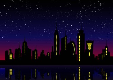 Gece şehir manzarası. Cityscape arka plan, güzel gece gökyüzünde yıldız şehir binalar üzerinde vektör çizim 