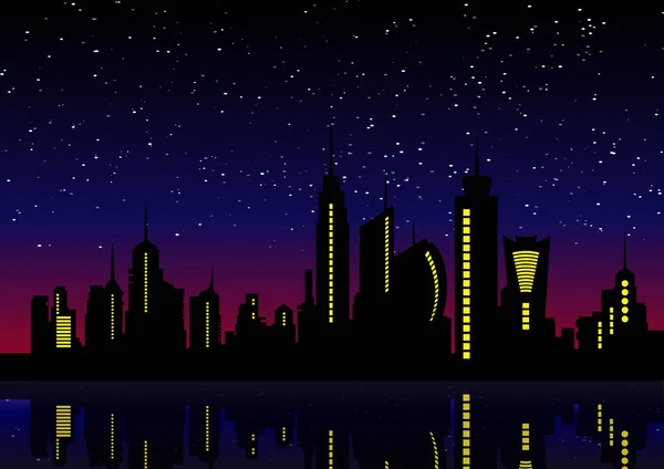 De Skyline van de stad van de nacht. Stadsgezicht achtergrond, mooie nachtelijke hemel met sterren over gebouwen stad vector illustratie — Stockvector