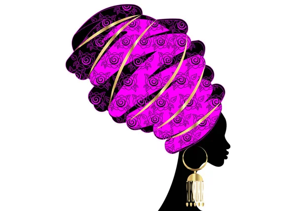 Potret wanita Afrika yang cantik dalam sorban tradisional, kepala Kente membungkus Afrika, pencetakan dashiki tradisional, siluet vektor wanita kulit hitam yang diisolasi dengan perhiasan emas tradisional, latar belakang etnis - Stok Vektor