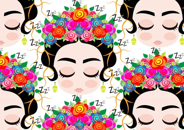 Emoji bebé mujer mexicana con corona de flores de colores, típico peinado mexicano, niña que ronca, fondo dibujo animado vector retrato — Vector de stock