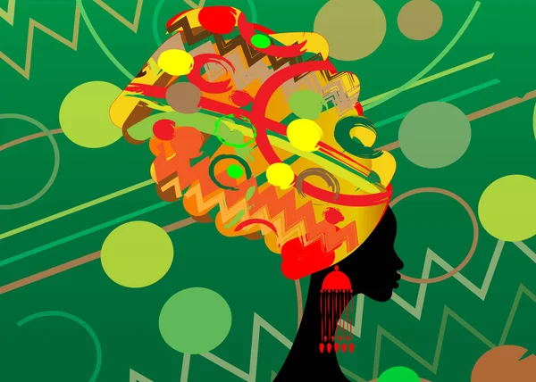 Portrait belle femme africaine dans turban traditionnel, Kente enveloppement tête africaine, impression traditionnelle dashiki, silhouette vectorielle de femmes noires isolées avec des bijoux traditionnels, origine ethnique — Image vectorielle