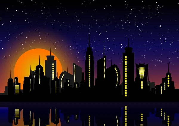 De Skyline van de stad van de nacht. Stadsgezicht achtergrond, mooie nachtelijke hemel met sterren over gebouwen stad vector illustratie — Stockvector