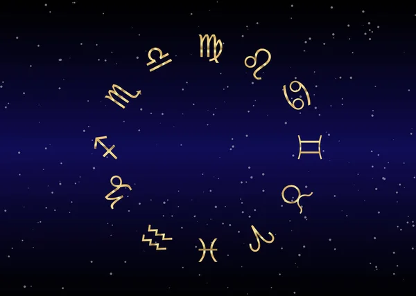 Ilustracja wektorowa Astrologia i horoskop - złote znaki zodiaku przez nocne niebo i gwiazdy ciemna noc niebo tła, — Wektor stockowy