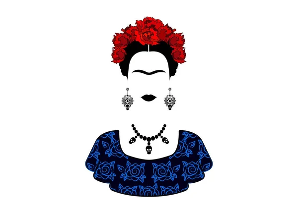 Frida Kahlo retrato vectorial, joven hermosa mujer mexicana con un peinado tradicional. Artesanía mexicana joyas y flores rojas, Vestido tradicional mexicano, Vector aislado — Vector de stock