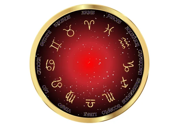 Astrologie en Horoscoop - gouden tekenen van dierenriem over rode nacht sky en sterren donkere nacht hemelachtergrond, vector illustratie geïsoleerd — Stockvector