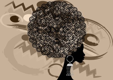 portre Afrikalı kadınlar, kıvırcık saçlı esmer kadın yüzü afro ve etnik geleneksel küpe izole vektör veya batik arka plan, saç stili kavramı