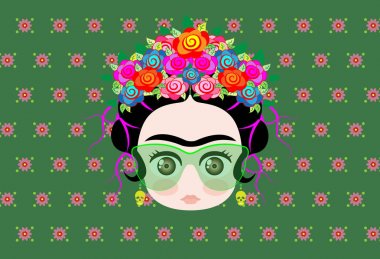 Emoji taç renkli çiçekler ve gözlük, Frida Kahlo bebekle vektör izole veya yeşil çiçek arka plan 